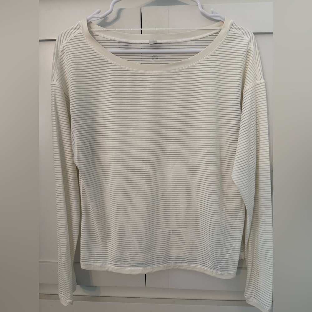 Lululemon Sheer Striped White Long Sleeve Workout Top